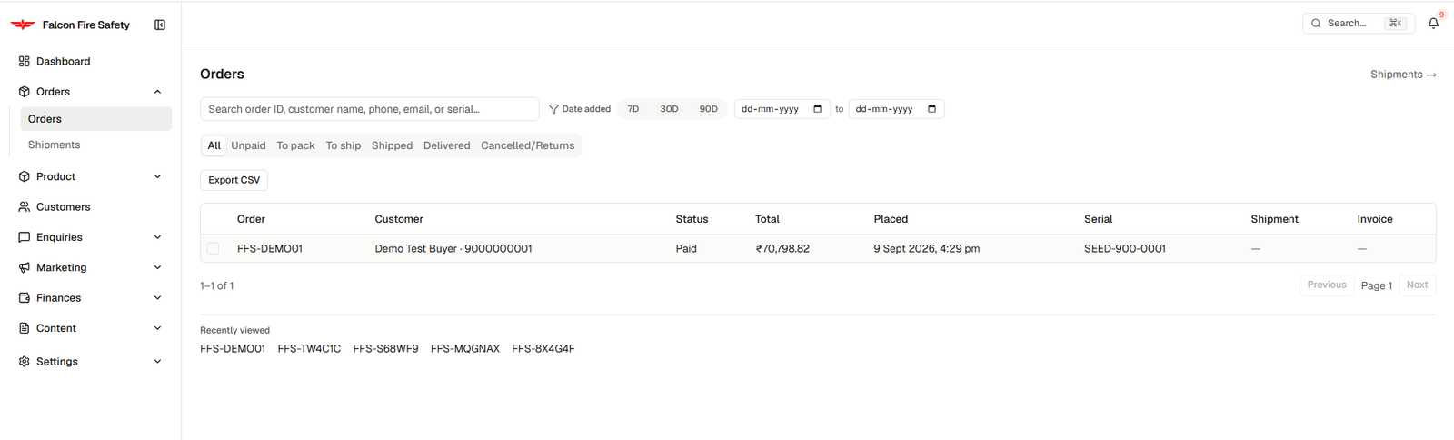 The Falcon admin order list and order detail, with seeded demo data