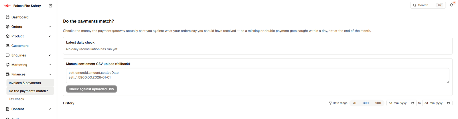 Falcon's daily payment reconciliation screen, with seeded demo data