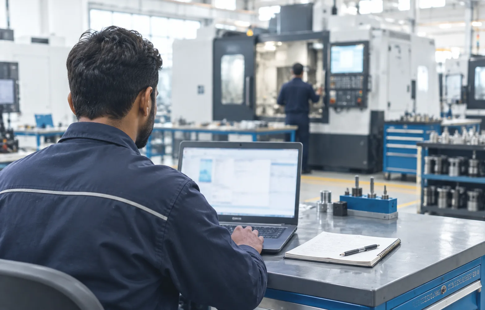 Cluxn specialist building software at a shop-floor workbench