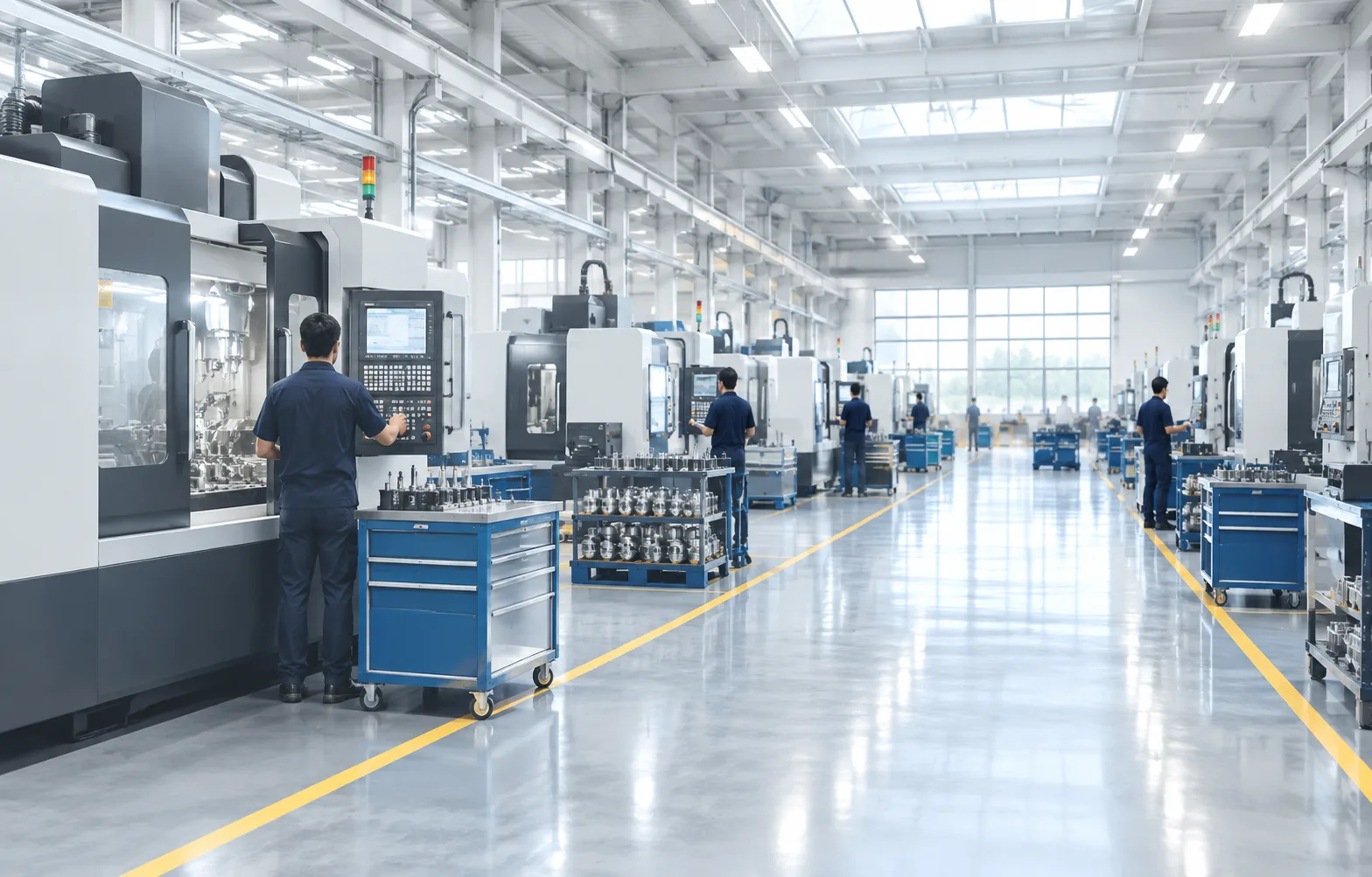 Ordered machine-shop floor with an engineer holding a tablet