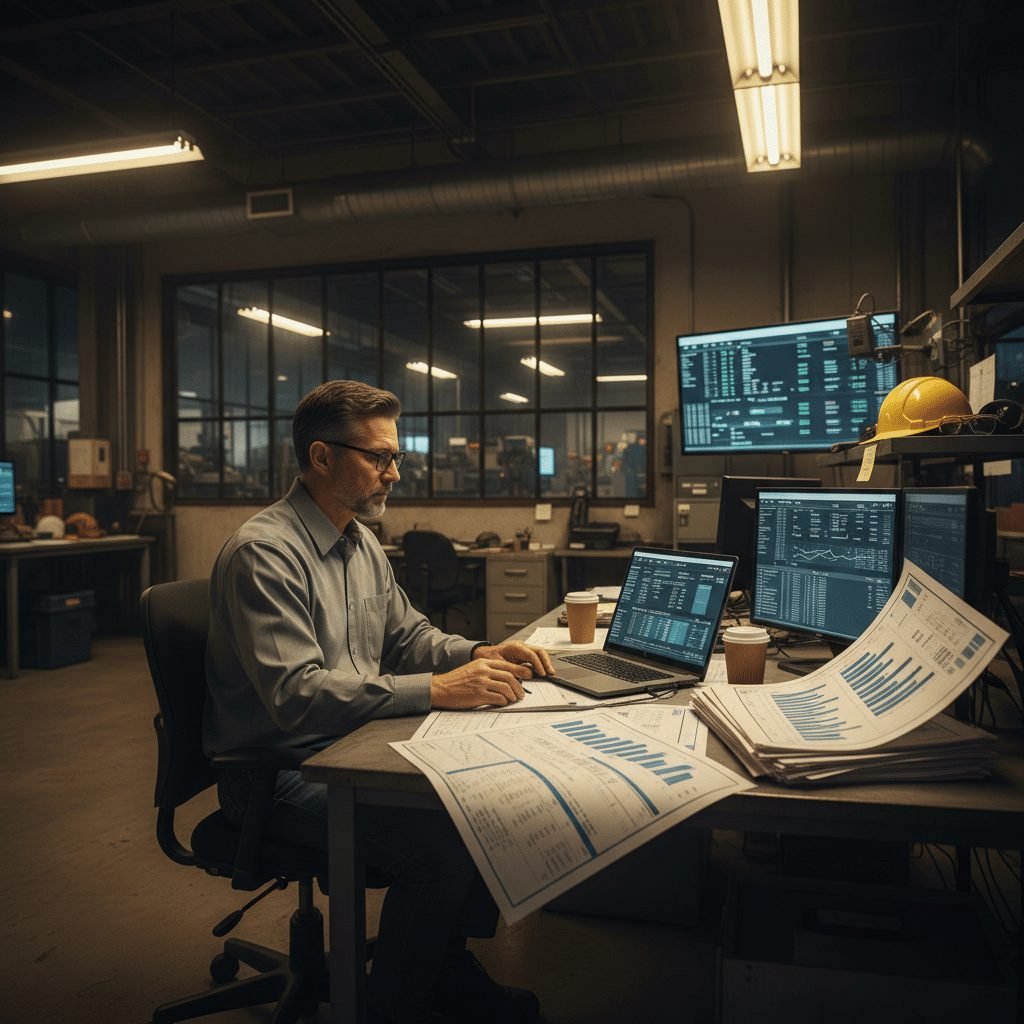 Plant manager reviewing production data late at night