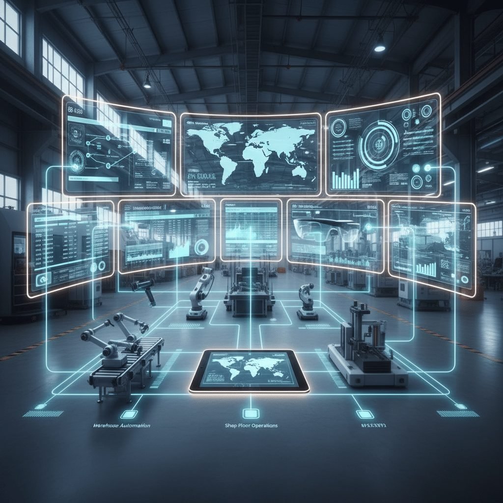 Connected ERP systems and integration tools in a modern industrial setting