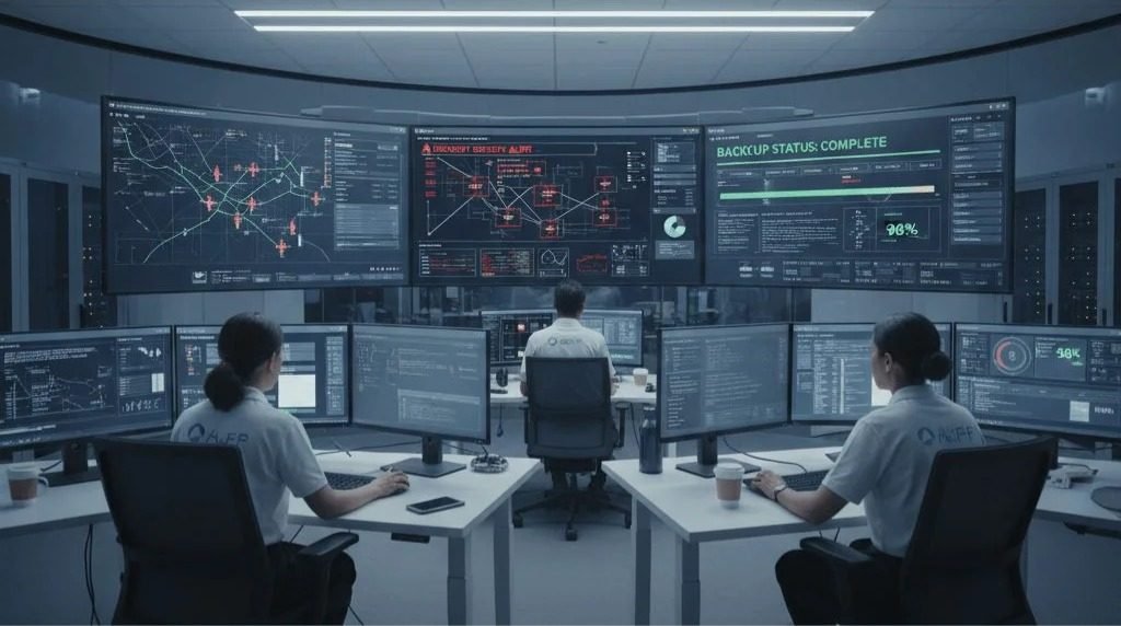 Managed IT team monitoring security dashboards and backups