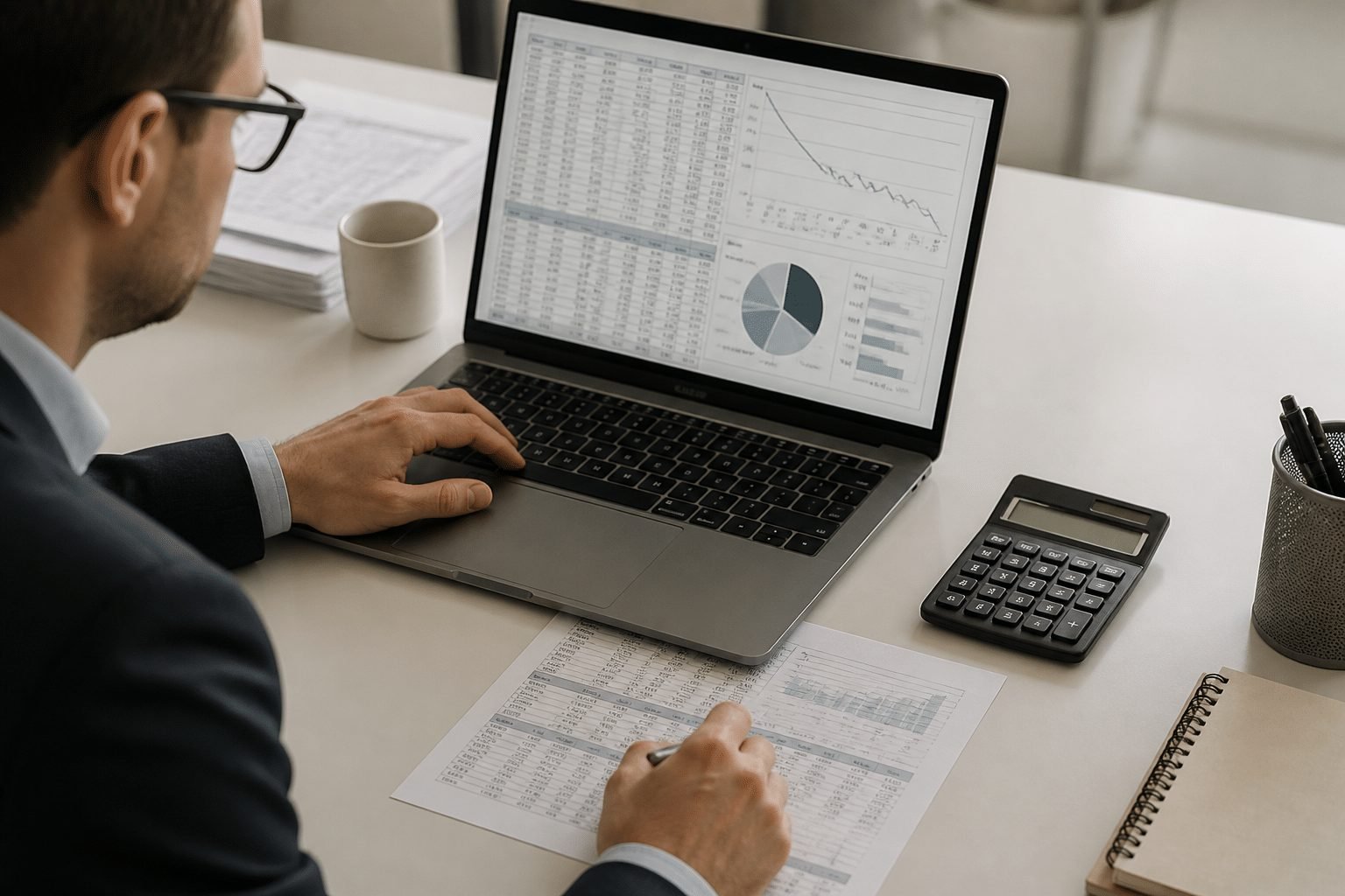 Accountant analyzing financial spreadsheet with cost breakdown charts showing declining profit margins