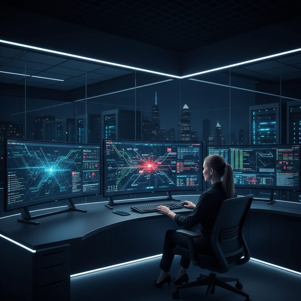 Security analyst monitoring AI-driven threat alerts on multiple screens