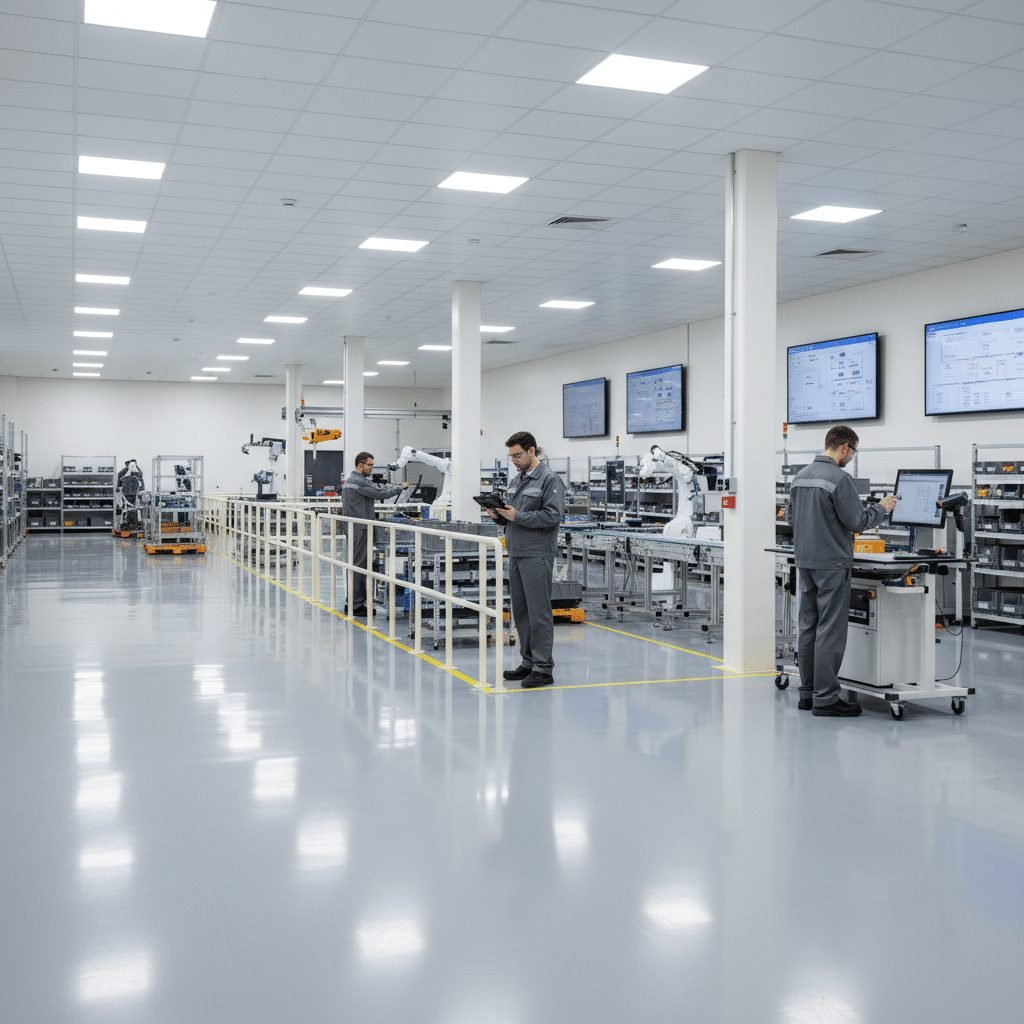 Operators using tablets and scanners on a factory floor