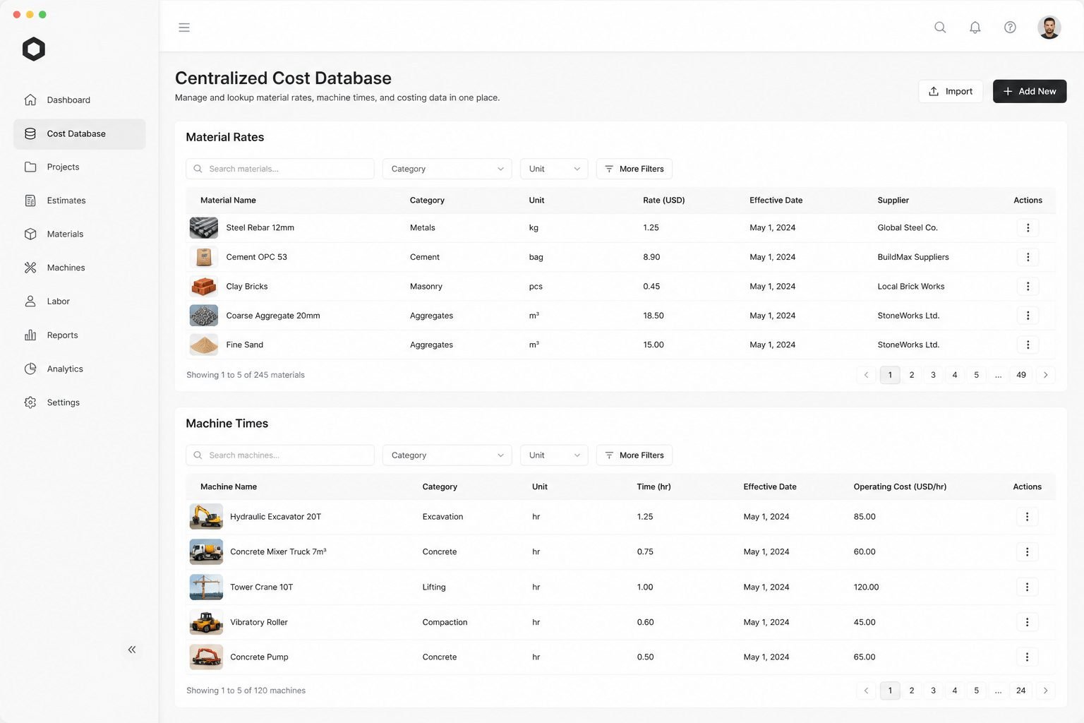 Modern software dashboard displaying centralized cost database with material rates and machine times