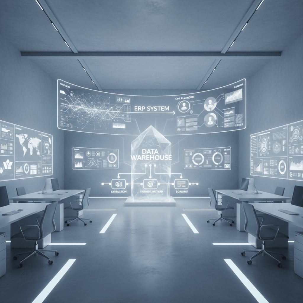 Connected ERP CRM and BI data flow in a modern workspace