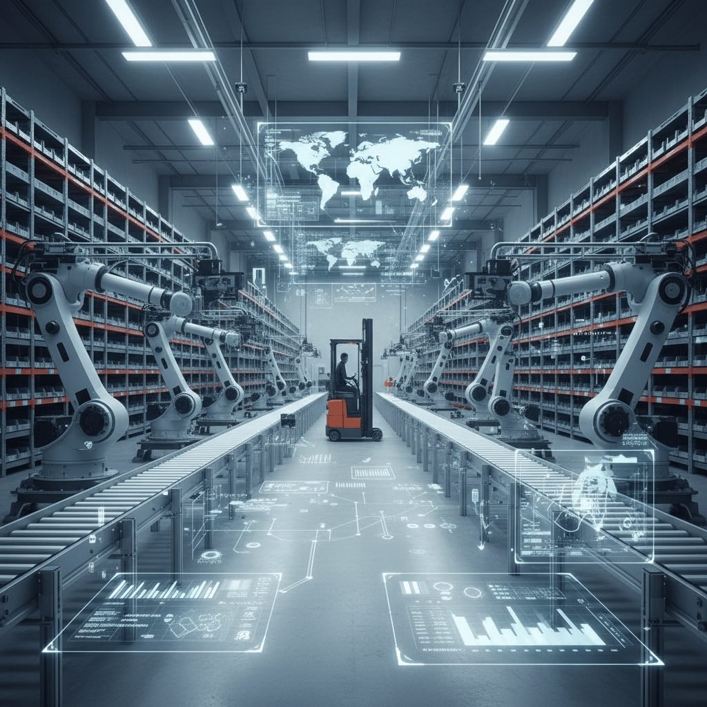 Connected factory dashboard showing live machine, warehouse, and production data in real time