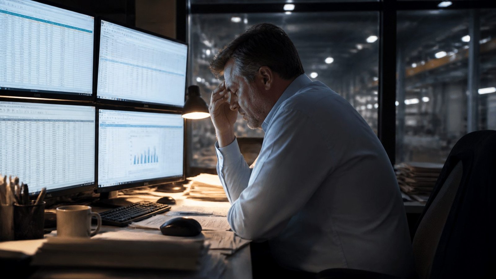 Factory manager working late at night surrounded by multiple spreadsheets on screen