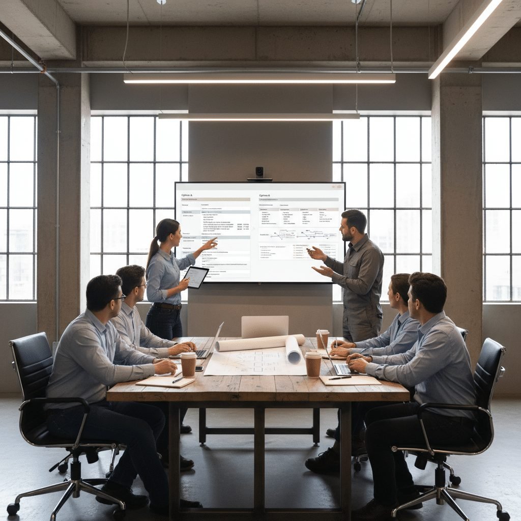 Manufacturing team comparing ERP options in a planning meeting