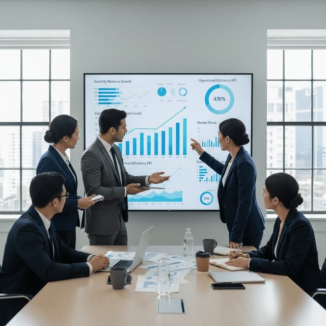 business leaders reviewing KPI dashboards and strategy metrics