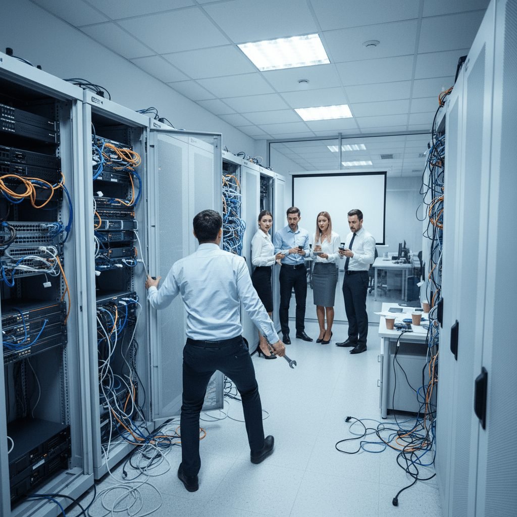 Stressed SMB team facing an IT outage before a client call