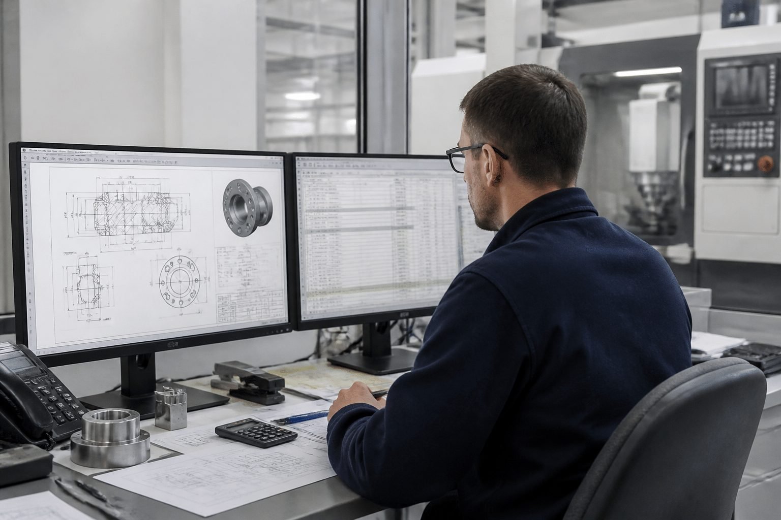 Manufacturing engineer reviewing technical drawings and quotes on computer in factory office