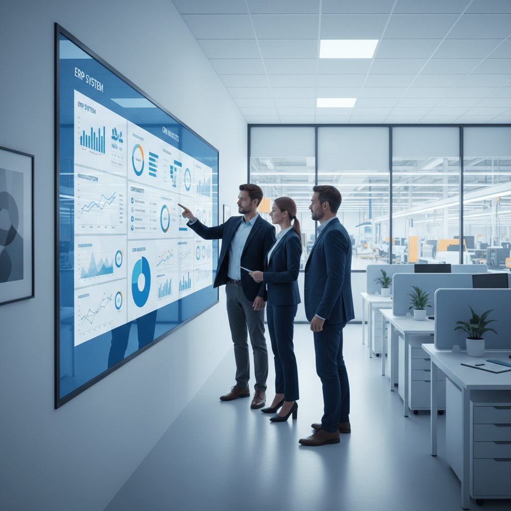 Manufacturing leaders reviewing integrated dashboard metrics