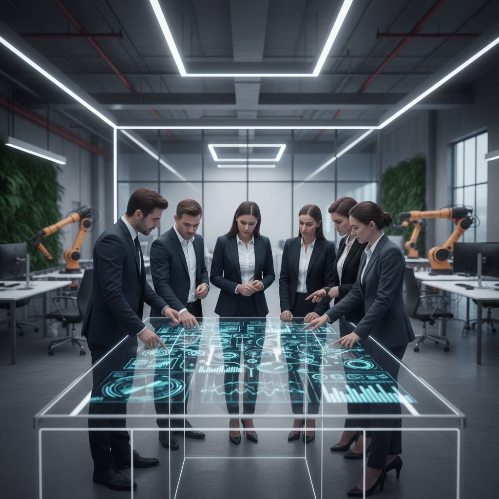 Business team reviewing an AI dashboard in a modern workplace