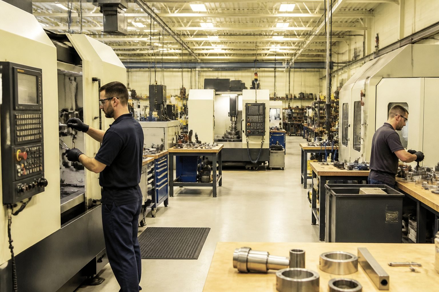 Busy manufacturing factory floor with active CNC machines and metal fabrication work