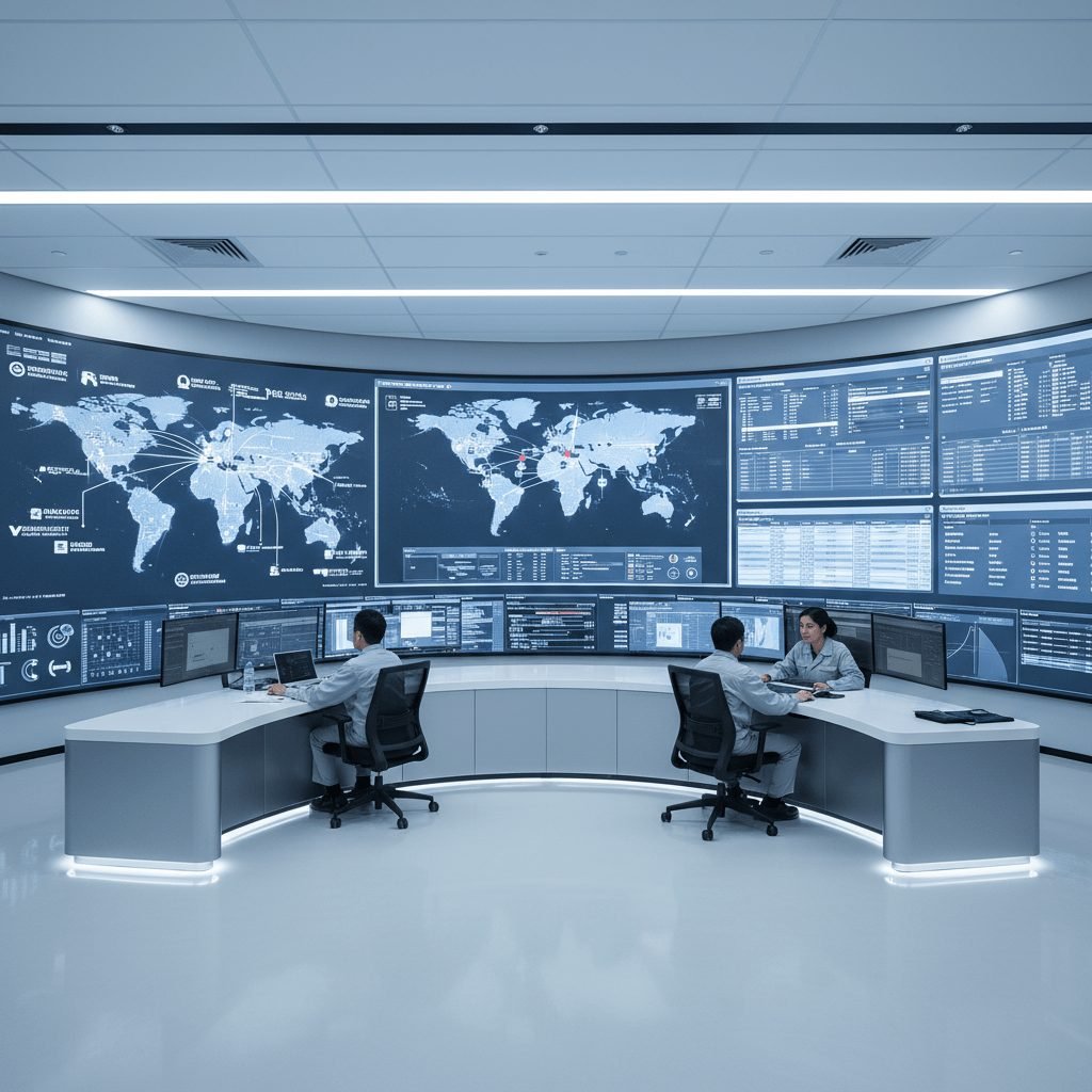 Supply chain control room with shipment tracking, supplier network visibility, and inventory coordination