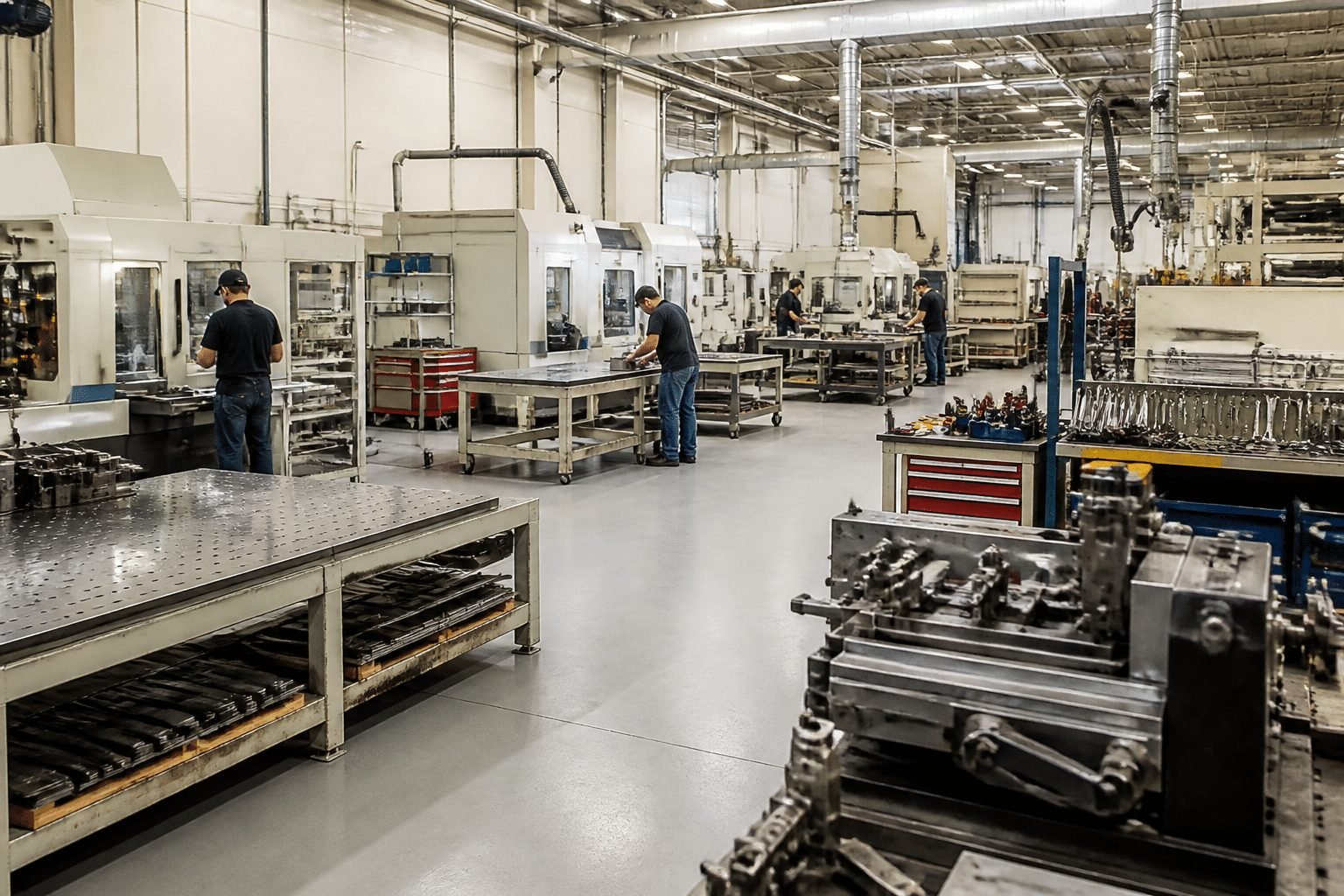 Professional metal fabrication shop with organized workstations and efficient workflow environment