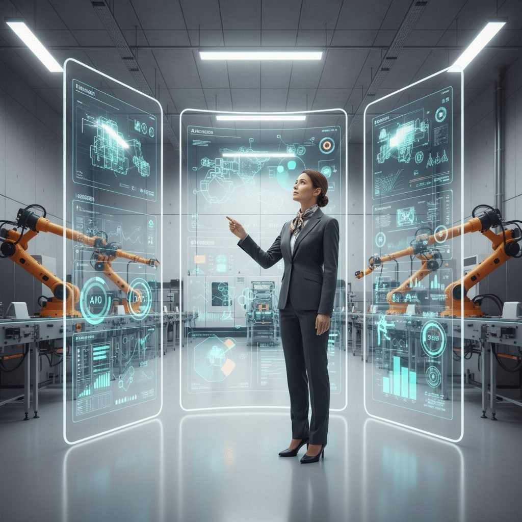 Modern factory team reviewing AI-driven operational dashboards