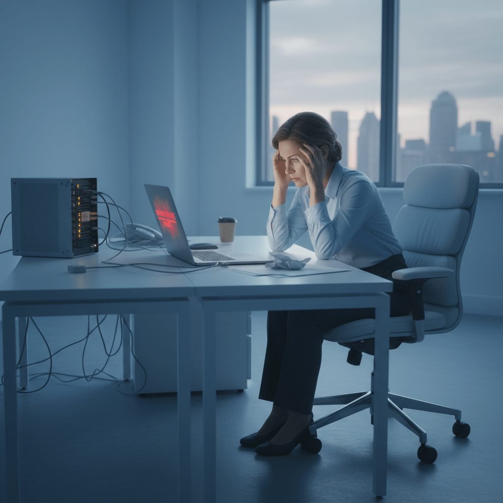 Small business owner reviewing a ransomware alert in a modern office