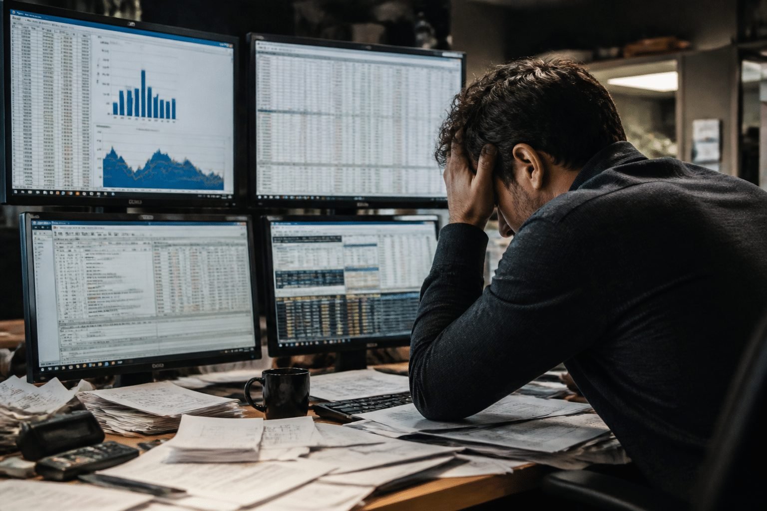 Cluttered desk with multiple computer screens showing spreadsheets and scattered papers, worker analyzing data
